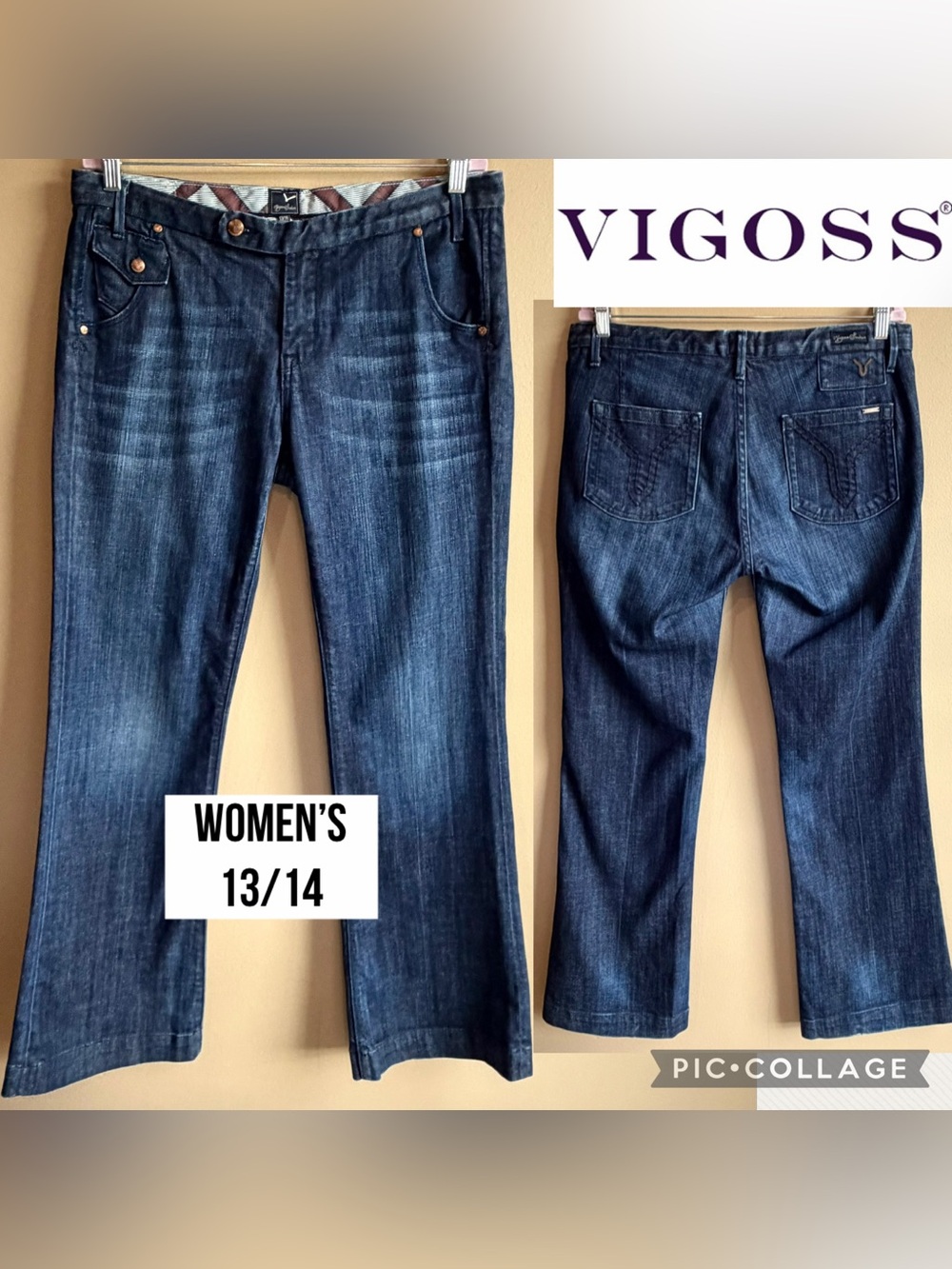 Vigoss Womens Jeans Flare Mid Rise Dark Wash 33” Inseam Stretch Size 13/14